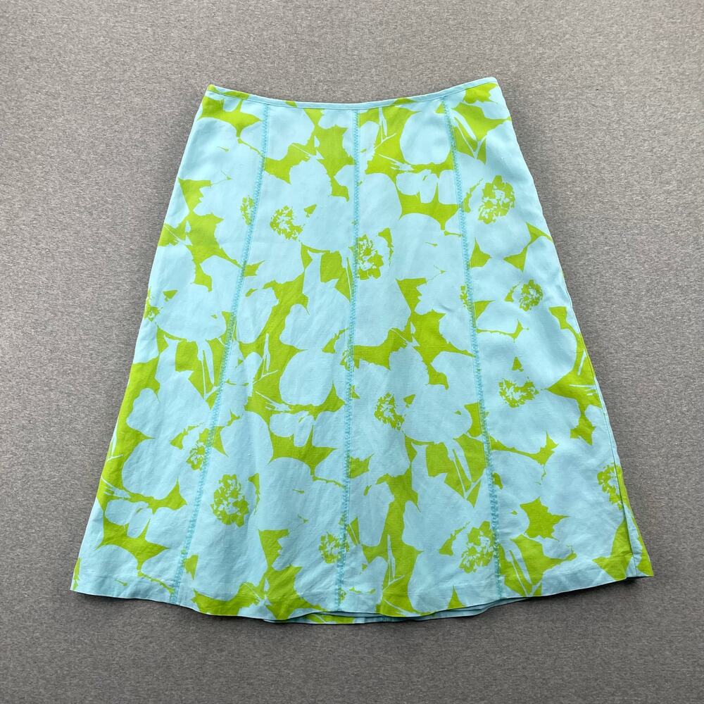 Y2K VTG JH Collectibles Skirt Sz 12 Linen Blend Blue Green Floral Preppy A-Line